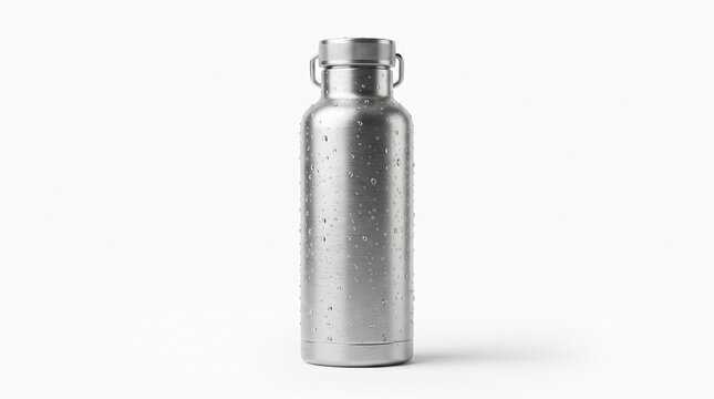 Stainless steel water bottle with condensation droplets, reusable metallic thermos flask, cold beverage container for fitness and travel isolated on White Background