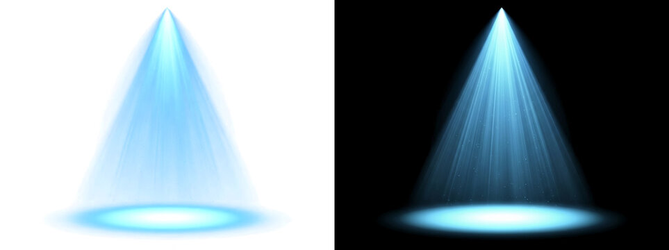 Conical spotlight beam with volumetric rays and floor light pool, luminous stage illumination effect overlay isolated on transparent background