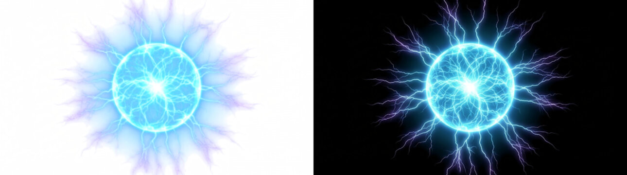 Electric plasma ball energy orb with crackling lightning tendrils isolated on black background