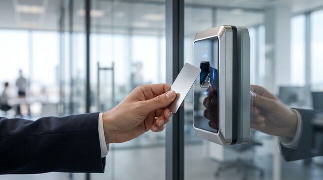 Person using a security key card to open an office door