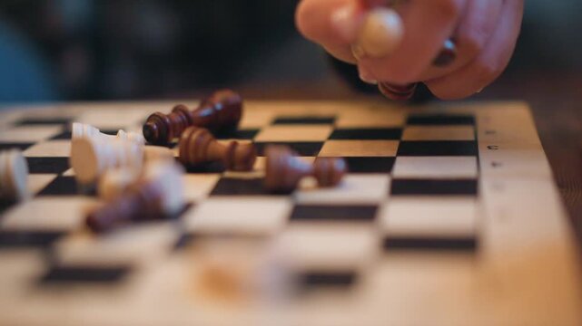 Close up of hand moving chess pieces on checkered board focusing on action and details. scene shows wooden pawns being placed or moved in sequence with soft lighting highlighting texture