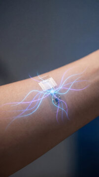 Biohacking glucose monitor patch worn on an arm, illustrating diabetes and longevity enhancement. Features futuristic glowing design and technological integration. Image made using Generative AI.