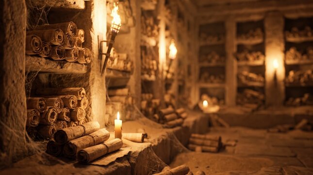 Ancient underground library with stone shelves, papyrus scrolls, and burning torches