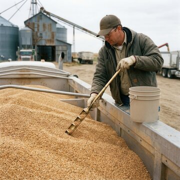Farmer Working With Grain In A Truck At A Storage Facility