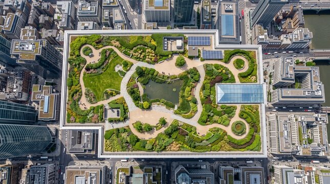 Aerial view of the crossrail place roof garden in canary wharf, london, featuring lush greenery, walking paths, a central pond, and modern architectural structures surrounded by city skyscrapers