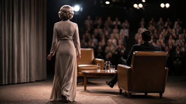 Elegant woman walking onto a stage for a formal interview with a seated businessman and large audience