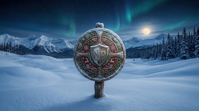Enchanting Winter Wonderland With Northern Lights And Festive Shield