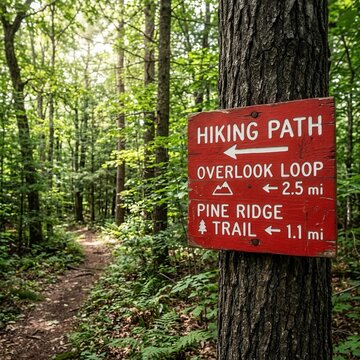 Forest Hiking Path Sign With Trail Directions And Distances