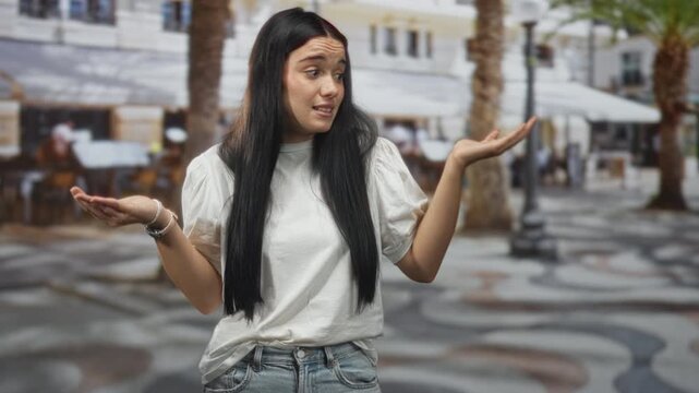 Woman shrugging with palms raised in white t shirt and jeans on a street plaza near an outdoor cafe, hesitant facial expression; uncertainty.