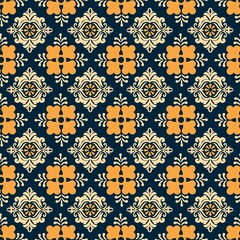 Elegant damask pattern with floral motifs in navy and gold © kee
