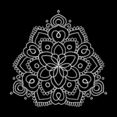 An intricate and symmetrical mandala design illustrated with a sparkling silver glitter texture, featuring detailed floral and geometric motifs, ymmetric pattern, ornamental art, decorative mandala © Nabila