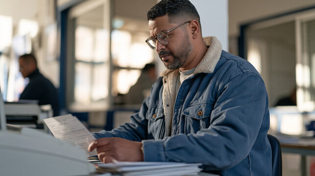A Moroccan notary clerk feeding original document originals into a large-format scanner while simultaneously sorting certified copy sets into numbered client envelopes on a