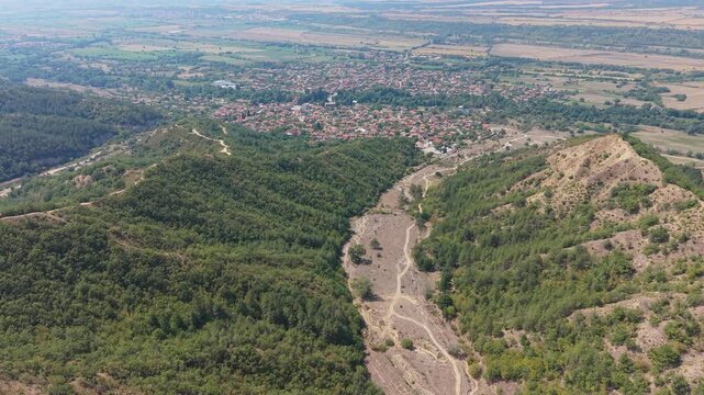 Aerial view of Stob village and farmland below the pyramids