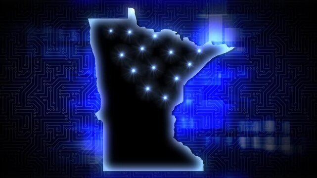 Animated Minnesota map with glowing digital network connections over a circuit board background representing AI data centers and technology infrastructure. 15388  