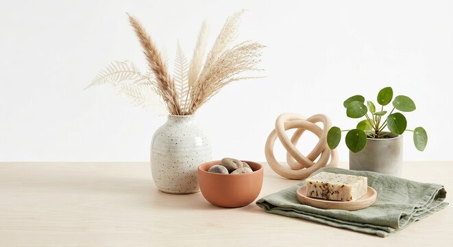 Cozy minimalist home decor still life setup with pampas grass in a ceramic vase, natural soap on a linen cloth, and a green pilea plant on a wooden surface.