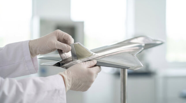 Aircraft technician inspecting model airplane component in laboratory with gloved hands and focused attention