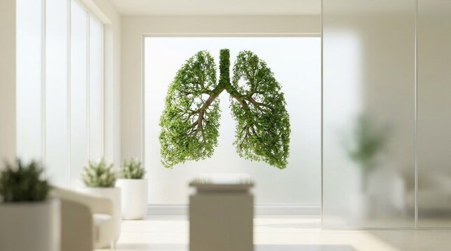 Tree shaped like lungs in a modern indoor setting  