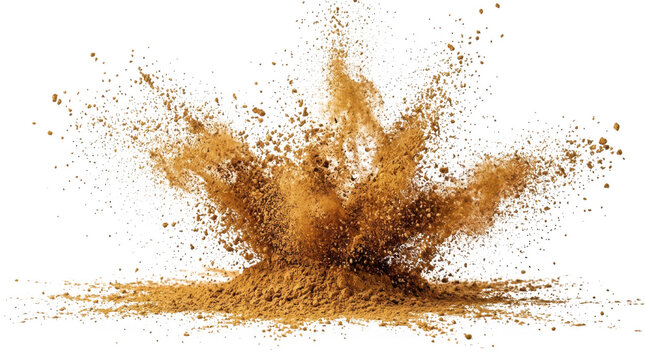 Explosion of brown powder or dust particles isolated on transparent background