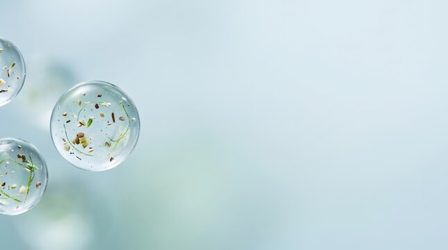 Three transparent glass spheres containing various organic botanical seeds and thin green leaves float against a soft light blue backdrop