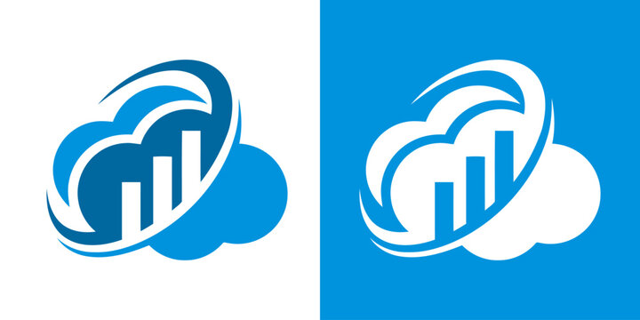 Blue cloud icon with rising bar chart graph symbol representing data analytics and technology analytics business technology marketing statistics information computing analysis performance