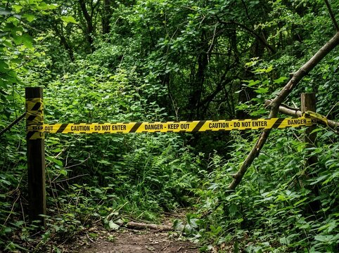 Warning Tape Blocks Forest Trail Amidst Lush Greenery And Danger Signage