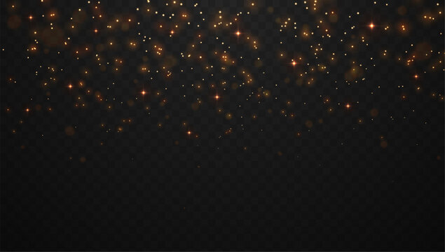 Golden glitter particles and sparkling lights. Elegant festive effect for luxury, celebration, beauty, holiday or wedding design. Christmas decoration. Bright shiny dust. Vector illustration.