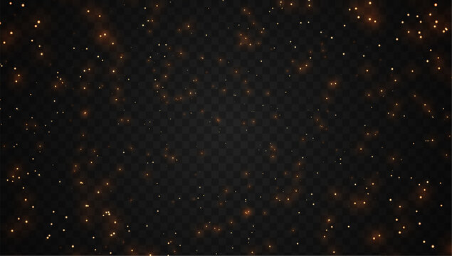 Golden glitter particles frame. Glowing sparks on dark transparent background. Luxury, celebration, wedding or party design. Christmas decoration. Greeting card design template. Vector illustration.