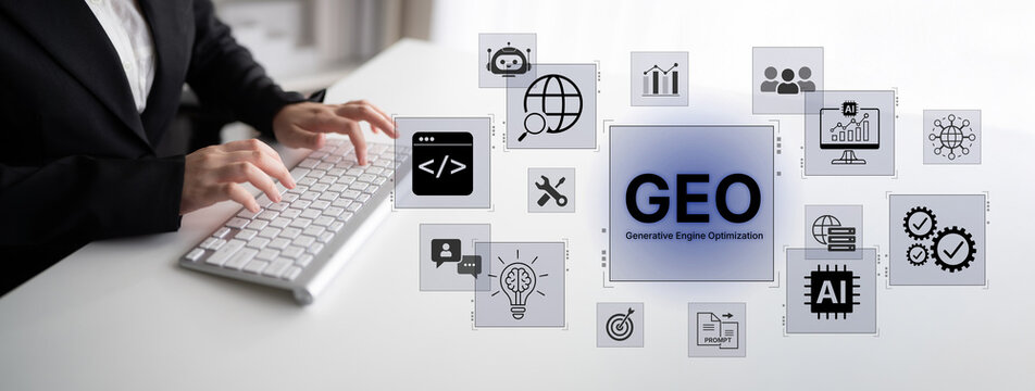 Digital marketing concept featuring GEO strategy, optimizing content for AI search engines and large language models. Evolution of SEO, brand authority, and AI citation visibility. Corpus