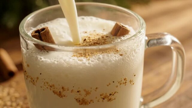Creamy eggnog pouring into glass mug with cinnamon sticks for christmas holiday celebration winter drink