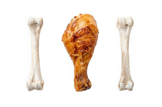 Roasted chicken leg drumstick flanked by two clean animal bones isolated on transparent background
