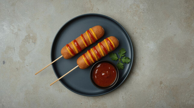 Top view of two crispy corn dogs on wooden sticks drizzled with mustard and ketchup served on a dark plate with sauce