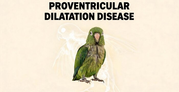 A green parrot stands on its feet with its head held high, a stark visual representation of Proventricular Dilatation Disease (PDD).
