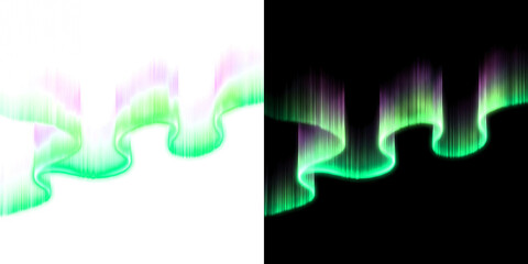 Obraz premium Northern lights aurora borealis green and violet wave curtain, luminous transparent design element