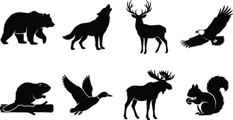Fototapeta premium Set of North American wild animal silhouettes including bear wolf deer eagle beaver duck moose and squirrel isolated on white