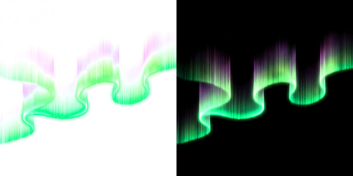 Northern lights aurora borealis green and violet wave curtain, luminous transparent design element