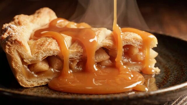 Delicious apple pie slice with pouring caramel sauce, warm steam rising, gourmet dessert close-up for food commercials and culinary projects