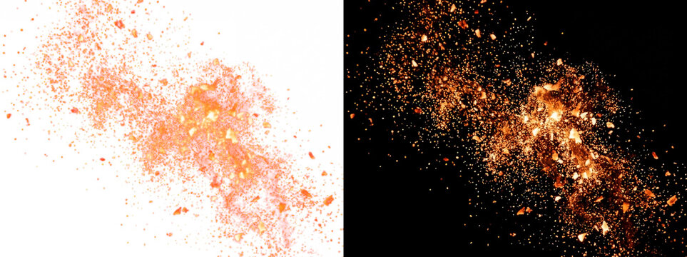Fiery ember sparks and glowing ash particles overlay on black background