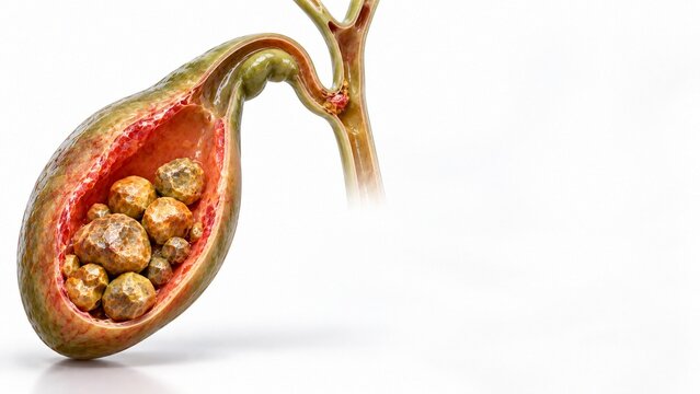 3D Medical Illustration of Human Gallbladder Cross-Section Showing Gallstones and Bile Duct Anatomy
