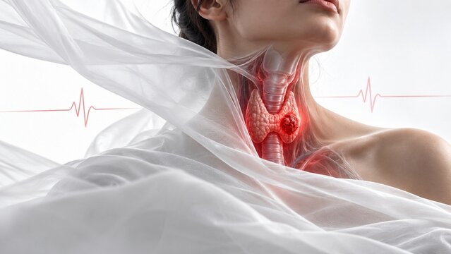 Anatomical Medical Illustration of Thyroid Cancer Nodule in Woman's Neck with Endocrine System Visualization