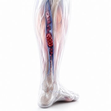 3D Medical Illustration of Deep Vein Thrombosis (DVT) Showing a Blood Clot within a Human Leg Vein