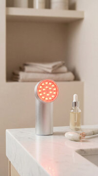 Red light therapy device illuminated on a marble countertop alongside skincare items in a contemporary bathroom setting. Designed for facial care and relaxation. Image made using Generative AI.