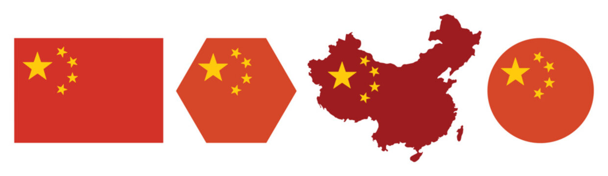 Set of china flag icons including rectangular hexagonal map and circular shapes