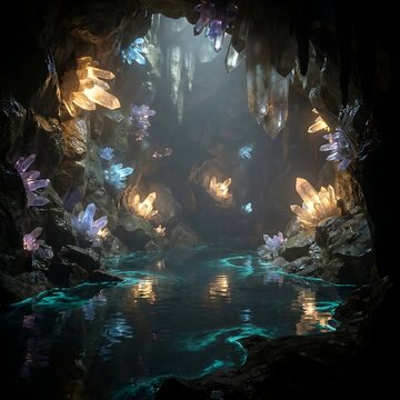 Underground Cave With Luminous Minerals Turquoise Algae and Subterranean Pool