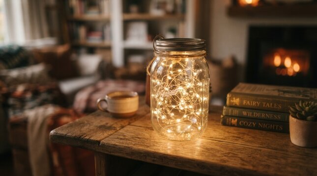 Cozy Mason Jar Lantern with Warm Fairy Lights on Wooden Table.