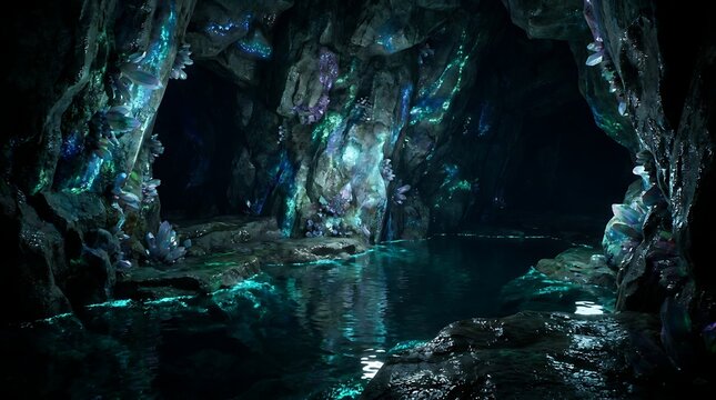 Underground Cave With Luminous Minerals Turquoise Algae and Subterranean Pool