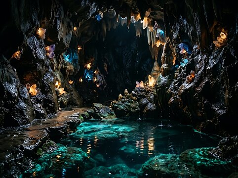 Underground Cave With Luminous Minerals Turquoise Algae and Subterranean Pool