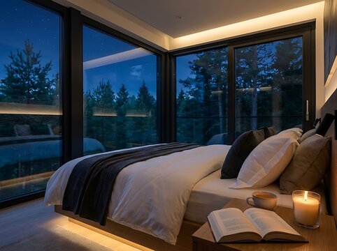 Modern Bedroom With Glass Windows Overlooking Pine Forest at Night