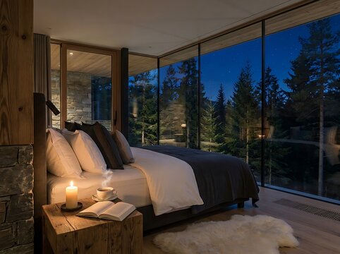 Modern Bedroom With Glass Windows Overlooking Pine Forest at Night