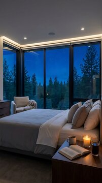 Modern Bedroom With Glass Windows Overlooking Pine Forest at Night
