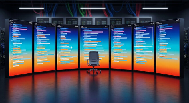 A high level software engineer workstation features multiple large glowing displays showing complex program code lines that illuminate a dark room creating an immersive experience for daily